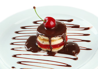 Tasty biscuit cake with chocolate and berry on plate