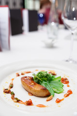 Fried foie gras with caramel and vegetables