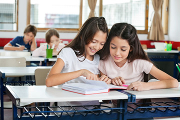 Schoolgirls Studying Together At Desk