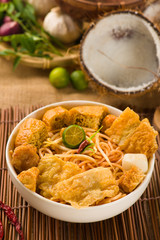 singapore laksa curry noodles with plenty of raw ingredients as