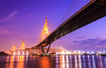Fototapeta na wymiar Bhumibol huge industrial bridge at dusk in Samut Prakarn Bangkok