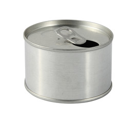 Tin can with ring opened on white background.