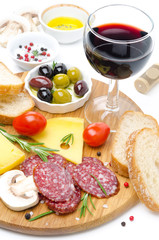 salami, cheese, bread, olives, tomatoes and glass of wine
