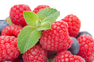 close-up of fresh berries (raspberries, blueberries)