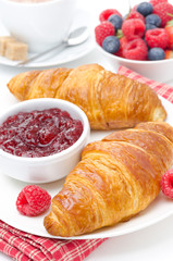 delicious breakfast - fresh croissant with raspberry jam, coffee