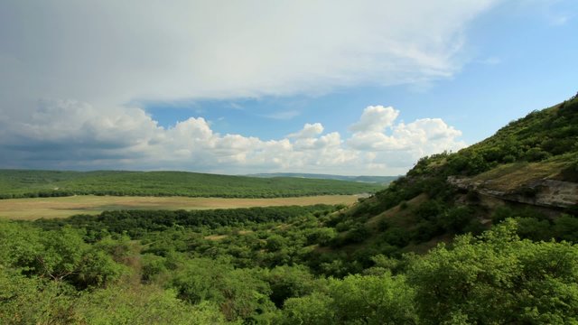 Movement of the clouds on the mountain. Cave city Bakla, Crimea,