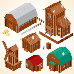 Isometric Wood House. Rural Houses and Log Cabins