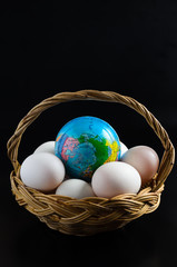Fresh eggs and Ball world in basket on black background