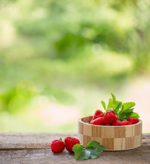 Strawberry on wooden table outdoor