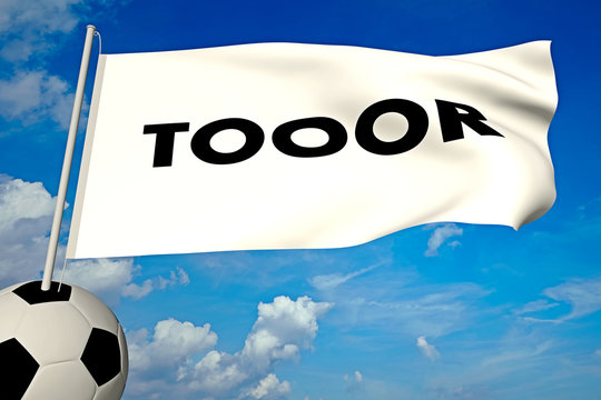 Fahne mit Aufschrift TOOOR vor blauem Himmel - 3D