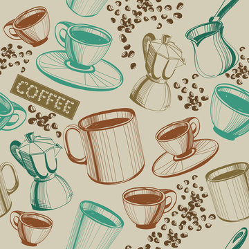 Seamless hand drawn vintage coffee pattern
