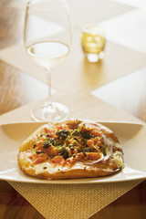 maple-smoked salmon pizza with creme fraiche