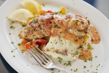 seabass with mashed potatoes and vegetables