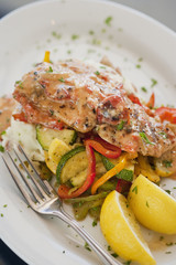 seabass with mashed potatoes and vegetables
