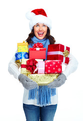 Santa helper Christmas girl with a presents.