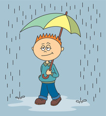 boy walking in the rain