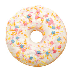 Donut with white icing colored topping, isolated