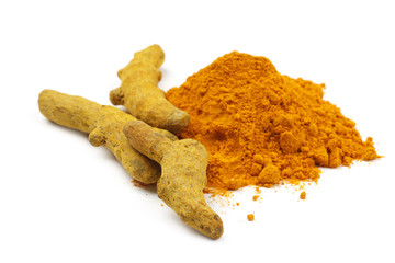 Turmeric Root and Powder on white Background