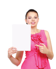 A smiling woman with a blank, isolated on white background