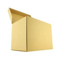 Upper side cardboard opened paper box on white background.