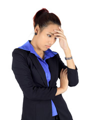 Isolated young asain business woman with headache on white