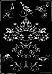 Collection white flourishes patterns   on a black background
