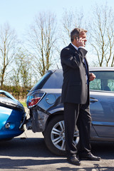 Businessman Making Phone Call After Traffic Accident