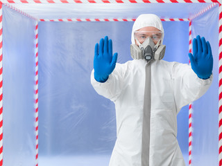 quarantine, specialist with stop gesture