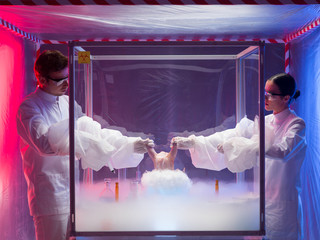 experimenting on raw meat in sterile chamber