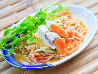 Papaya salad or Somtum with salted egg; Thai food