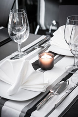 White and black restaurant table setting