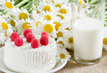 Obraz na płótnie Canvas Cottage cheese with raspberries and milk