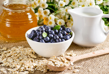 Blueberries  in the bowl, oatmeal, honey and milk jug