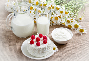 Obraz na płótnie Canvas Cottage cheese with raspberries, sour cream and milk