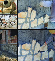 Collage - Worker plays a wall with stones