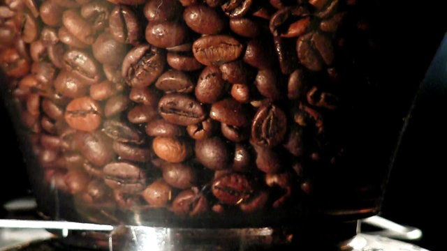 Fragrant coffee beans in grinder