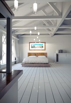 3d image of a fancy bedroom with beams