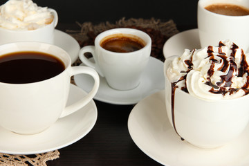 Assortment of different hot coffee drinks close up