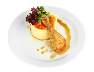 Small portion of food on big plate isolated on white