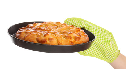 woman hand with tasty homemade pie, isolated on white