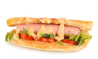 Delicious hot dog isolated on white