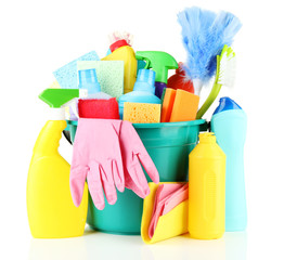 Cleaning items in bucket isolated on white
