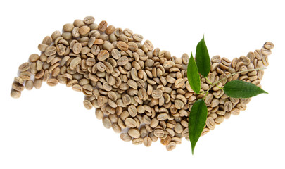Green coffee beans and leaves isolated on white