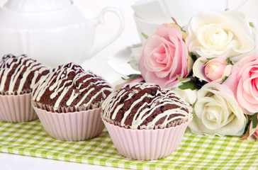 Sweet chocolate cupcakes close up
