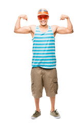 muscle man strong latin american man showing muscles