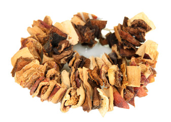 Dried mushrooms on string isolated on white