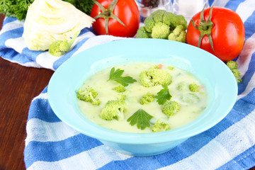 Cabbage soup in plates on napkin on wooden table