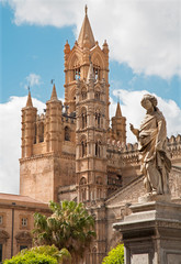 Palermo - Towers of Cathedral or Duomo and statue of Nymph