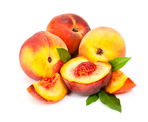 Tasty, juicy peaches isolated on white background