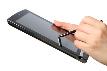 Hands pointing touch screen tablet pc